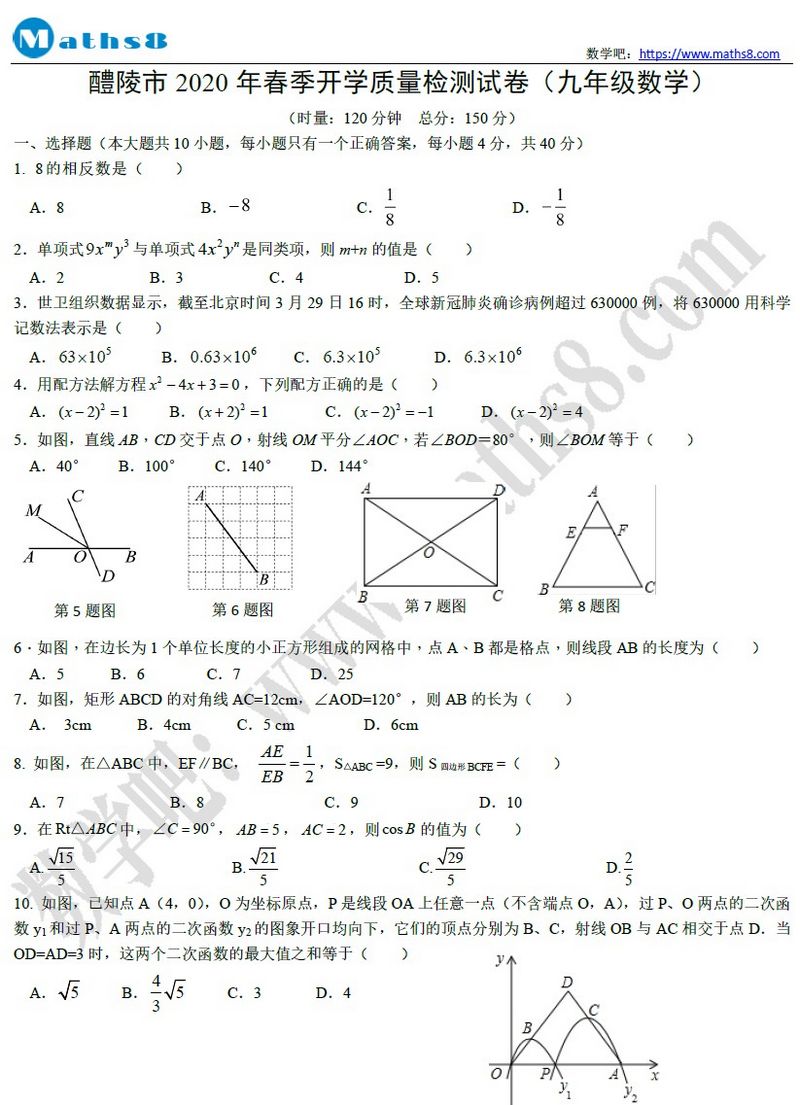 醴陵市2020年春季开学质量检测试卷与评分标准